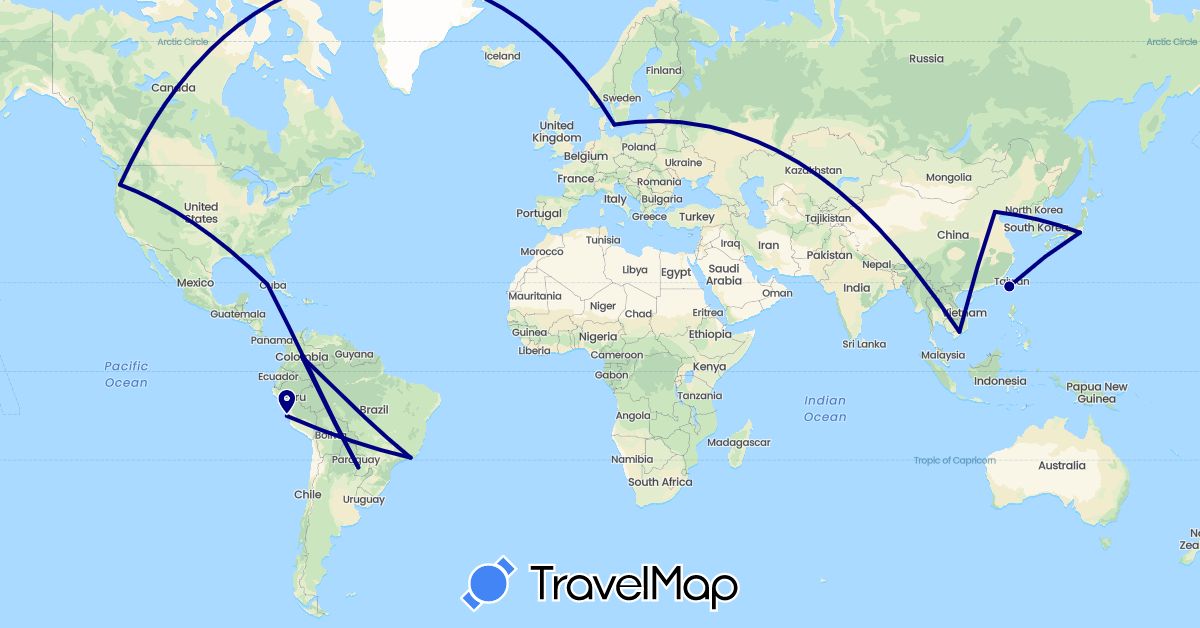 TravelMap itinerary: driving in Brazil, China, Colombia, Cuba, Denmark, Japan, Peru, Paraguay, Taiwan, United States, Vietnam (Asia, Europe, North America, South America)